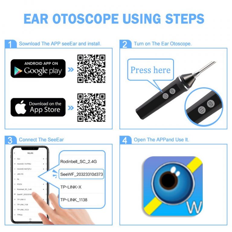 Otoscope Numérique Yummici HD 1296P - Caméra 3.6 Mm USB/WiFi, 6 LEDs, Pour Smartphone