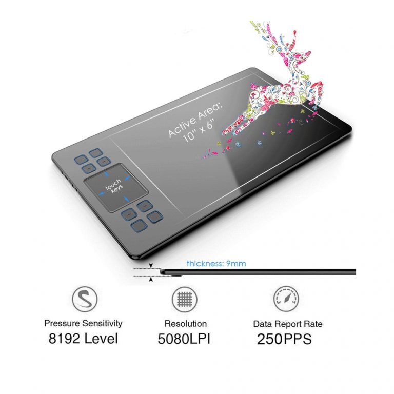 Tablette Graphique 10x6 Pouces Avec Stylet 8192 Niveaux De Pression - Compatible PC, Mac, Android, Idéale Pour Dessin Et Animation