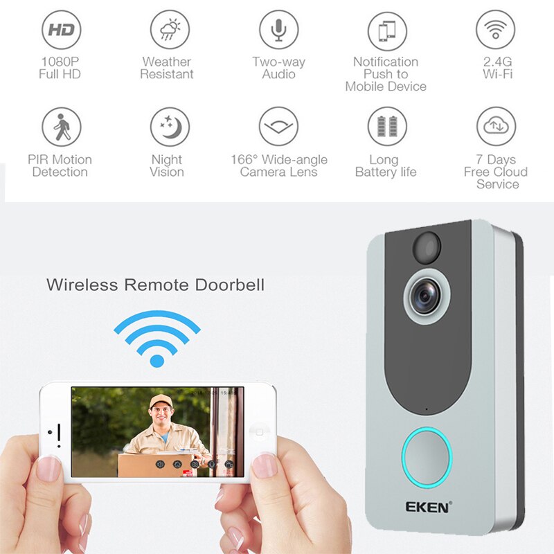 EKEN-sonnette-de-porte-connectée-V7,-wi-fi-IP-1080P,-sécurité-sans-fil,-détection-de-mouvement-FIR,-alarme,-stockage-Cloud EKEN-sonnette de porte connectée V7, wi-fi IP 1080P, sécurité sans fil, détection de mouvement FIR, alarme, stockage Cloud