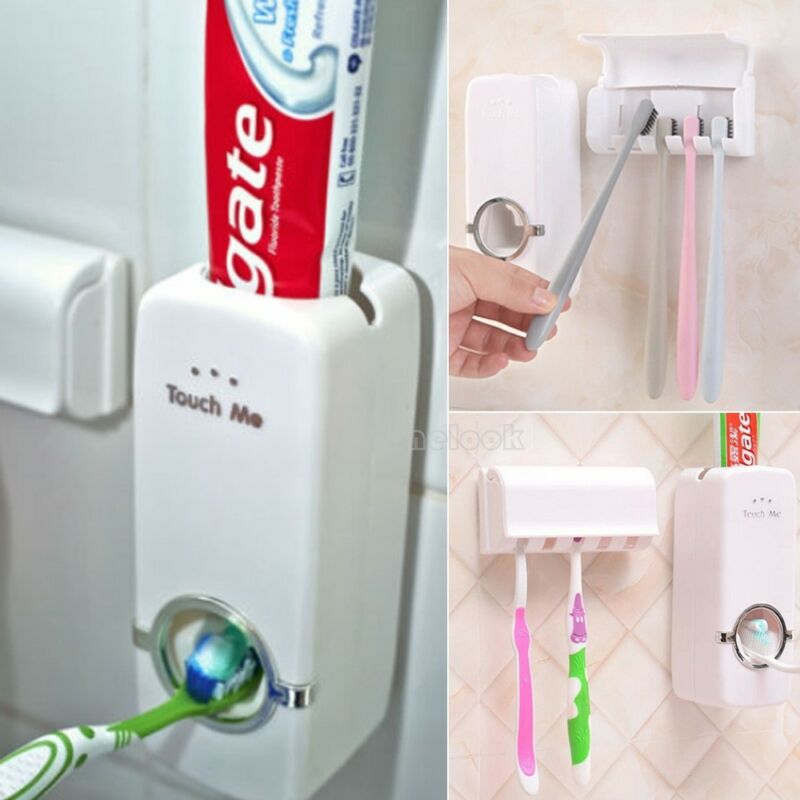 Porte-brosse à dents automatique | Distributeur de dentifrice Tube ventouse + 5 porte-brosse à dents kit d'accessoires portables en plastique pour salle de bain (White)